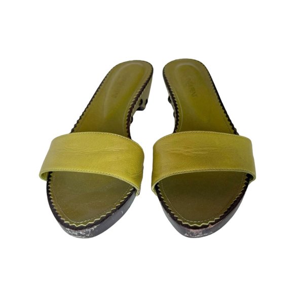 Vintage YVES SAINT LAURENT Green Leather Studded Wooden Slides Sandals Sz.10 - Picture 4 of 16